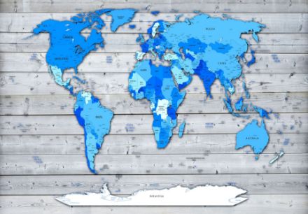Obrazek Mapa Świata Niebieska Drewniane Deskach